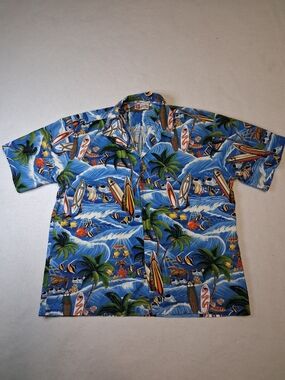 Tropical Surf Print Short Sleeve Button-Down Shirt - Blue